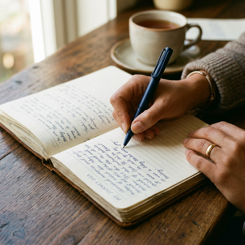 Hands writing in a journal with blue ink pen next to a cup of tea on wooden table